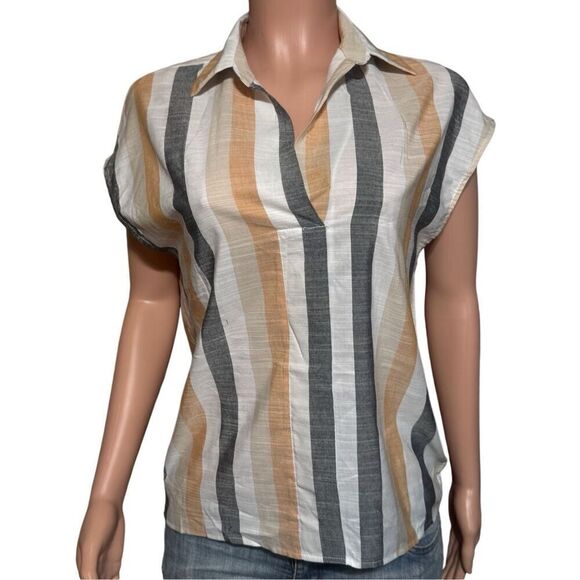 Shop basic women's sleeveless v-neck vertical striped polo tee size S,M - Picture 2 of 7